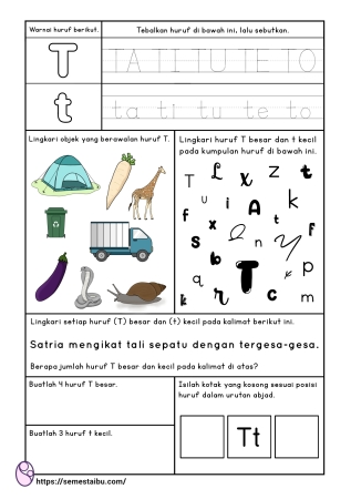 Kognitif lembar kerja anak tk paud bahasa mengenal huruf T