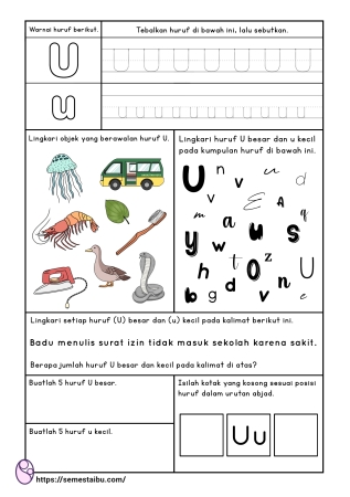 Kognitif lembar kerja anak tk paud bahasa mengenal huruf U