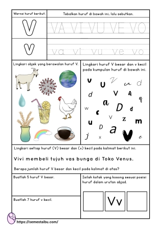 Kognitif lembar kerja anak tk paud bahasa mengenal huruf V