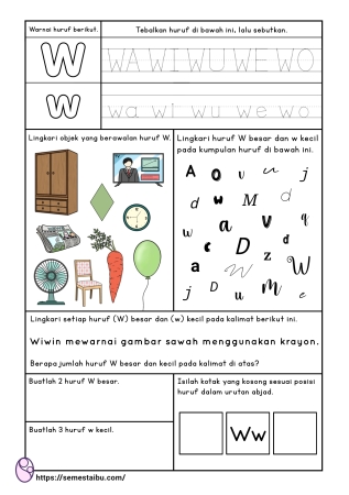 Kognitif lembar kerja anak tk paud bahasa mengenal huruf W