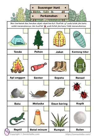Lembar kerja anak tk paud scavenger hunt berkemah