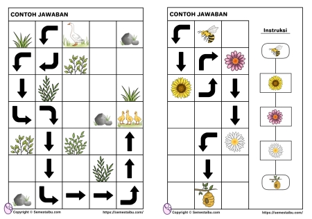 Kognitif lembar kerja worksheet anak tk sd maze algoritma tema hewan