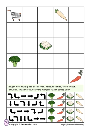 Kognitif lembar kerja worksheet anak tk sd maze algoritma tema tanaman sayur
