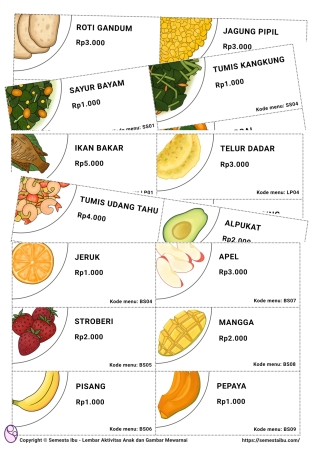 Lembar kerja worksheet anak tk paud pretend play warung makan prasmanan restoran