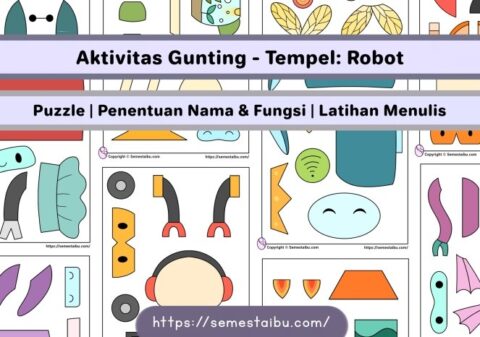 Lembar kerja worksheet anak tk paud sd gunting tempel robot