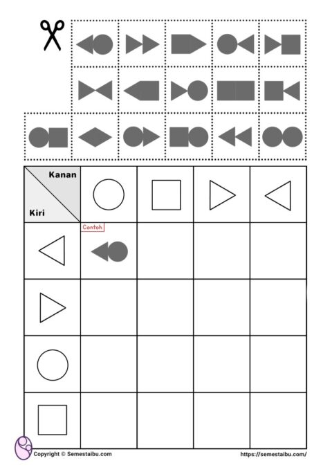 Lembar kerja anak tk sd logika tabel gambar gunting tempel