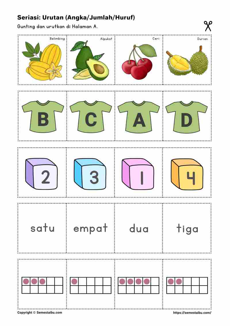 Lembar kerja anak tk sd gunting tempel seriasi