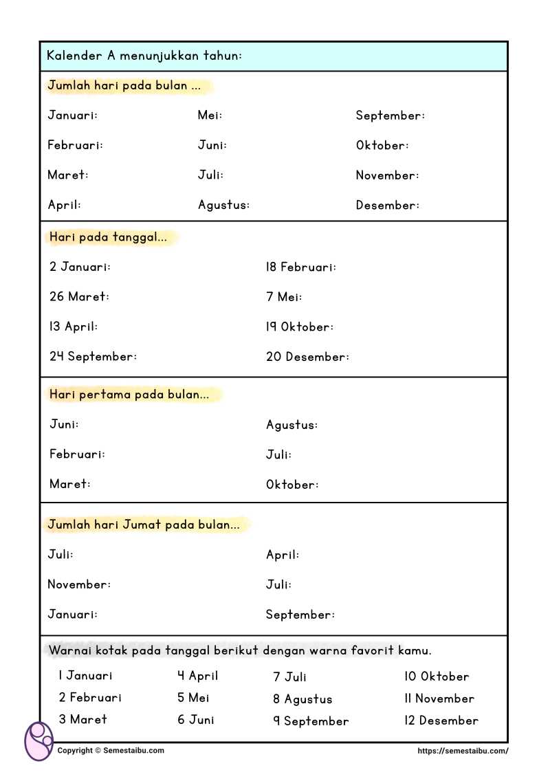 Lembar kerja anak tk sd membaca kalender