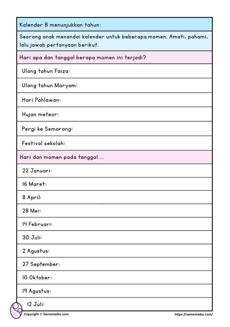 Lembar kerja anak tk sd membaca kalender
