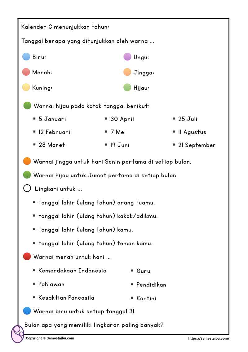 Lembar kerja anak tk sd membaca kalender