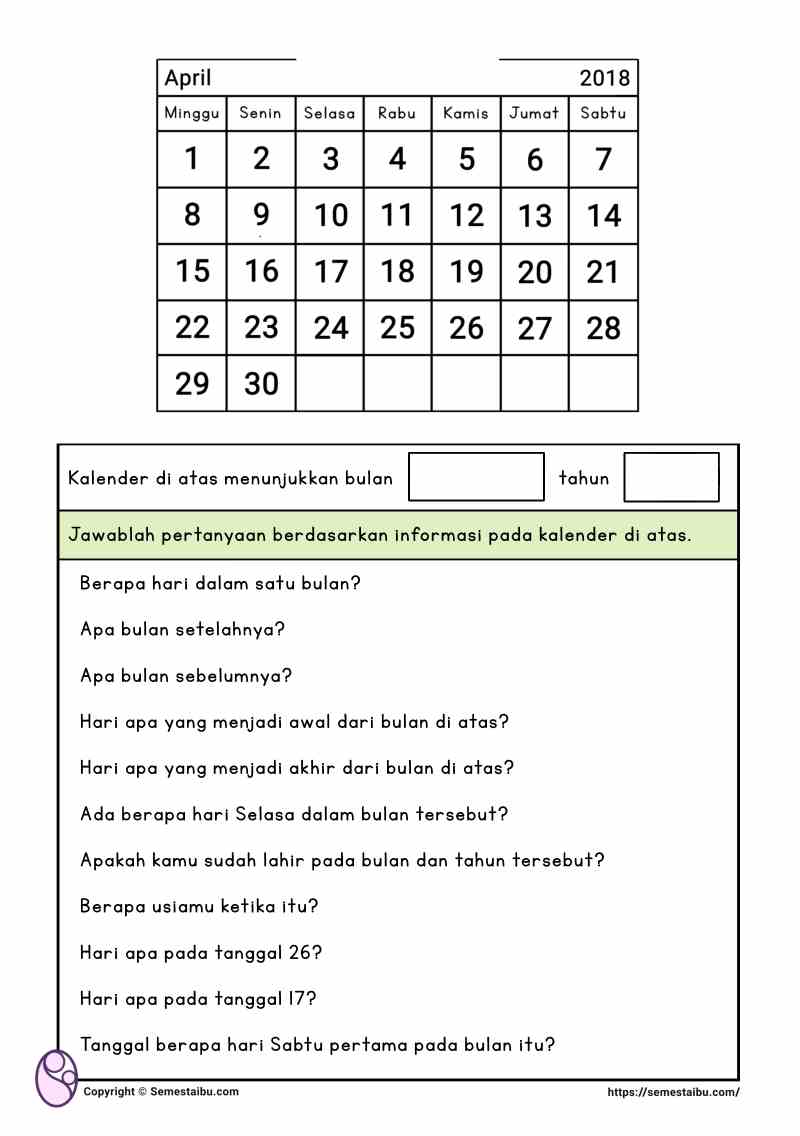 Lembar kerja anak tk sd membaca kalender