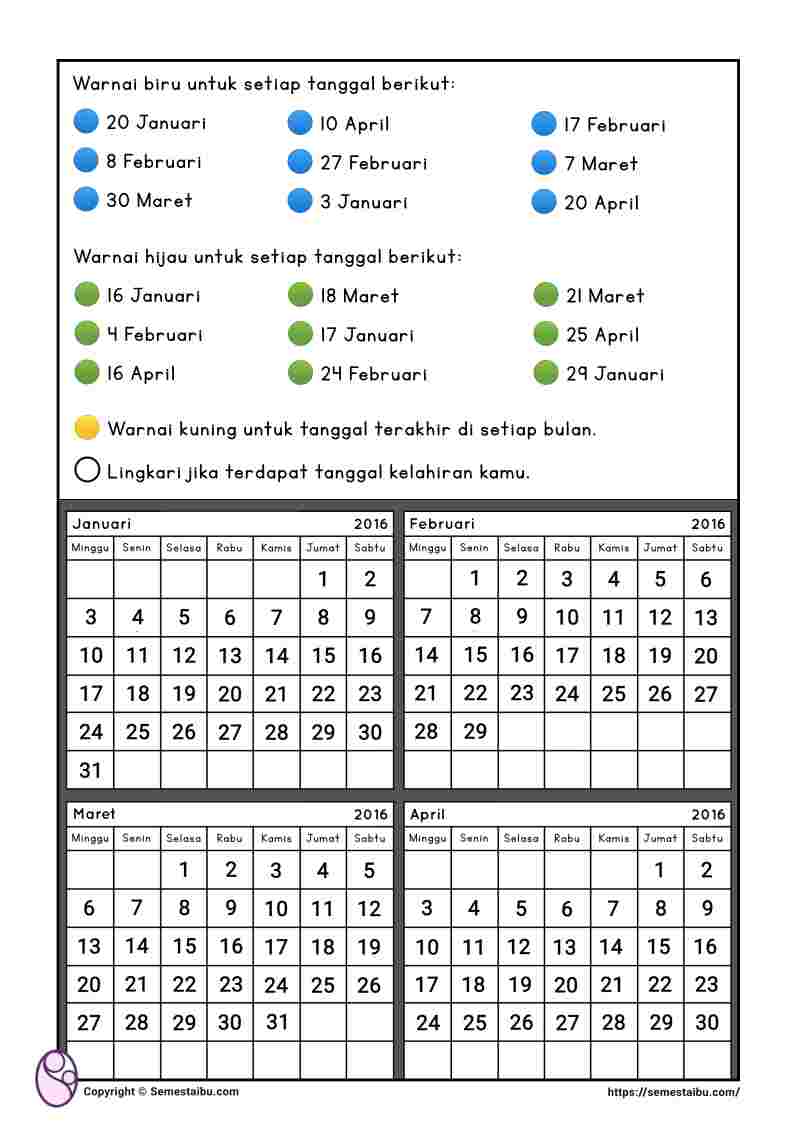 Lembar kerja anak tk sd membaca kalender
