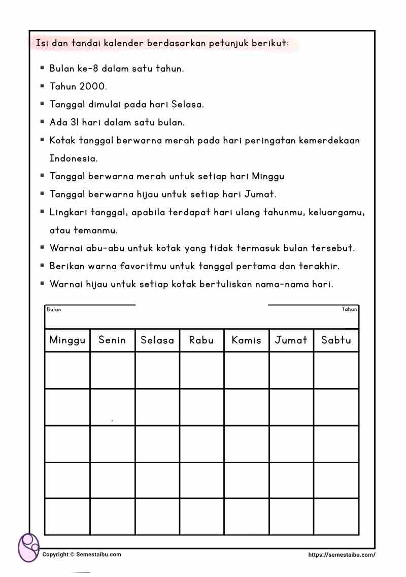 Lembar kerja anak tk sd membaca kalender
