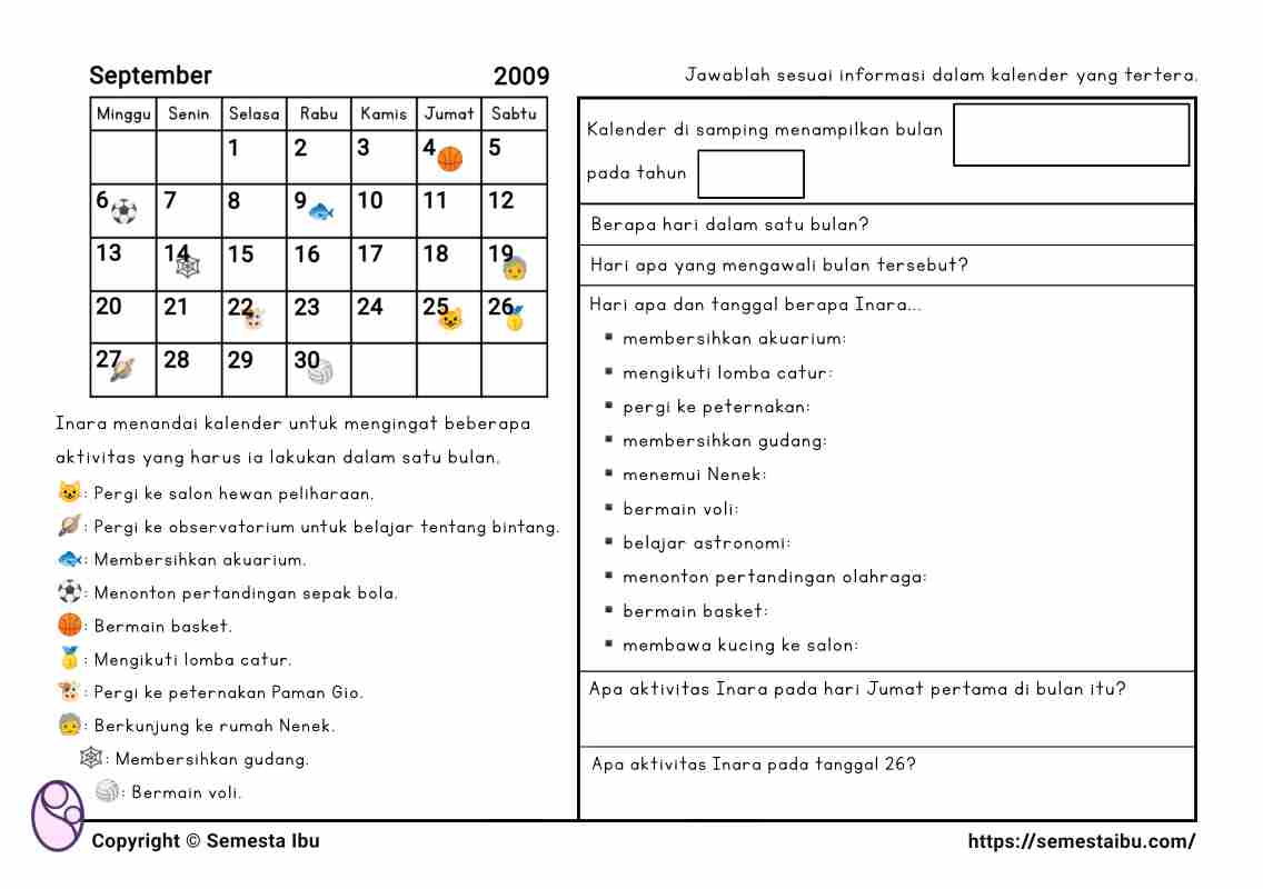 Lembar kerja anak tk sd membaca kalender