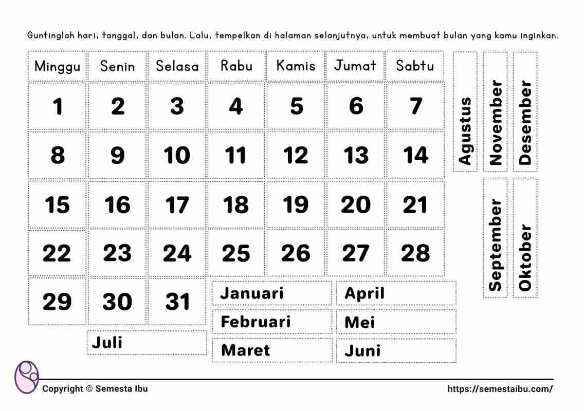 Lembar kerja anak tk sd membaca kalender