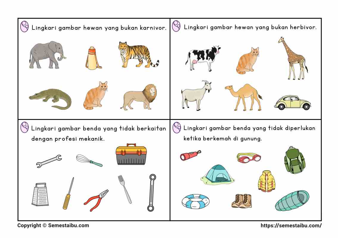 Lembar kerja anak tk sd task card noncontoh negasi