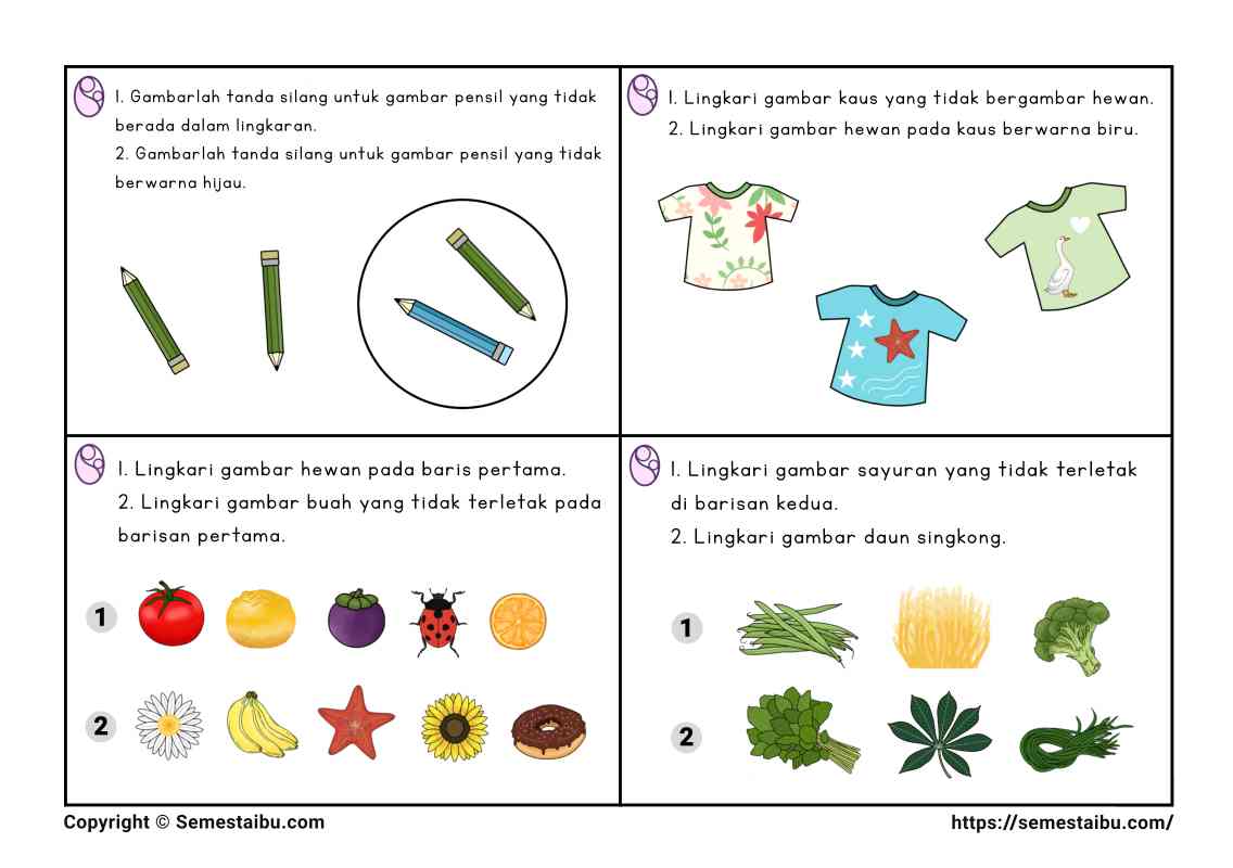 Lembar kerja anak kartu permainan membaca instruksi
