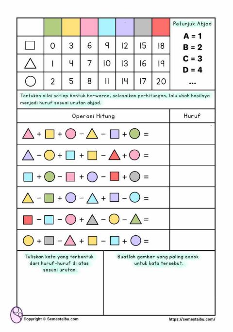 Lembar kerja worksheet anak sd logika matematika prosedural