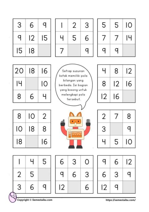 Lembar kerja worksheet anak sd logika pola bilangan matematika