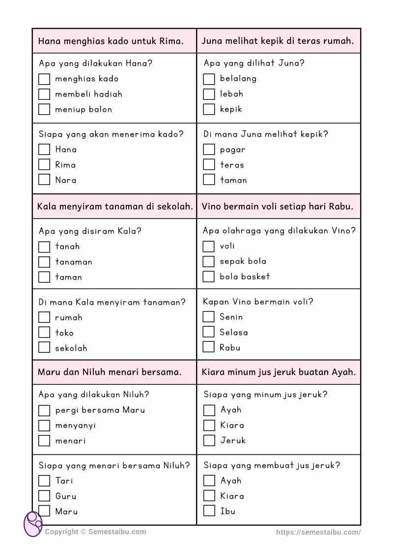 Lembar kerja anak tk sd literasi belajar membaca pemahaman literal