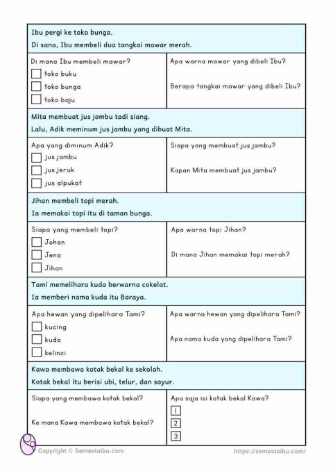 Lembar kerja anak tk sd literasi belajar membaca pemahaman literal
