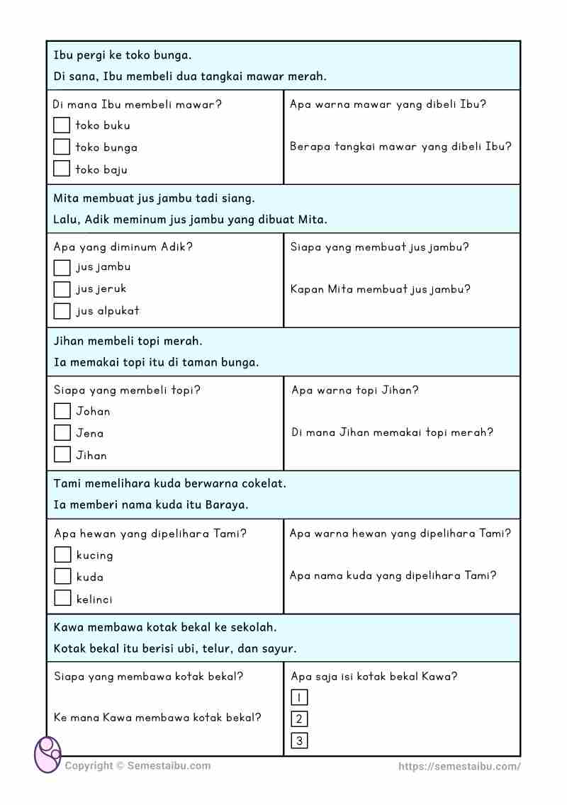 Lembar kerja anak tk sd literasi belajar membaca pemahaman literal