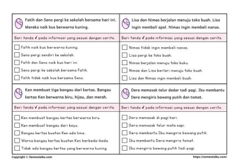 Lembar kerja anak tk sd literasi belajar membaca pemahaman literal
