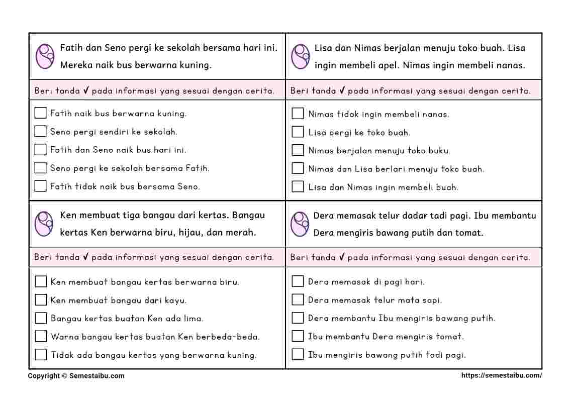 Lembar kerja anak tk sd literasi belajar membaca pemahaman literal