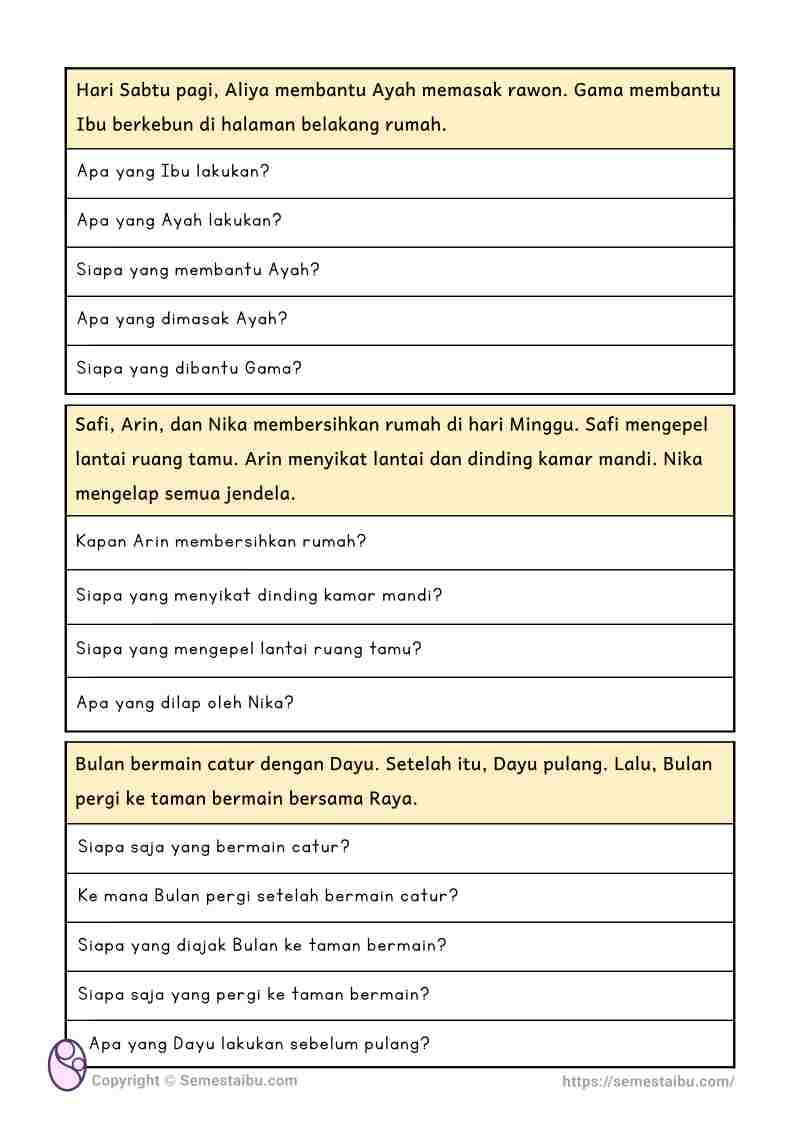Lembar kerja anak tk sd literasi belajar membaca pemahaman literal