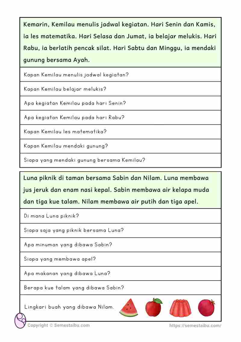 Lembar kerja anak tk sd literasi belajar membaca pemahaman literal