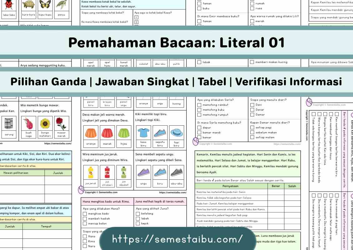 Lembar kerja anak tk sd literasi belajar membaca pemahaman literal